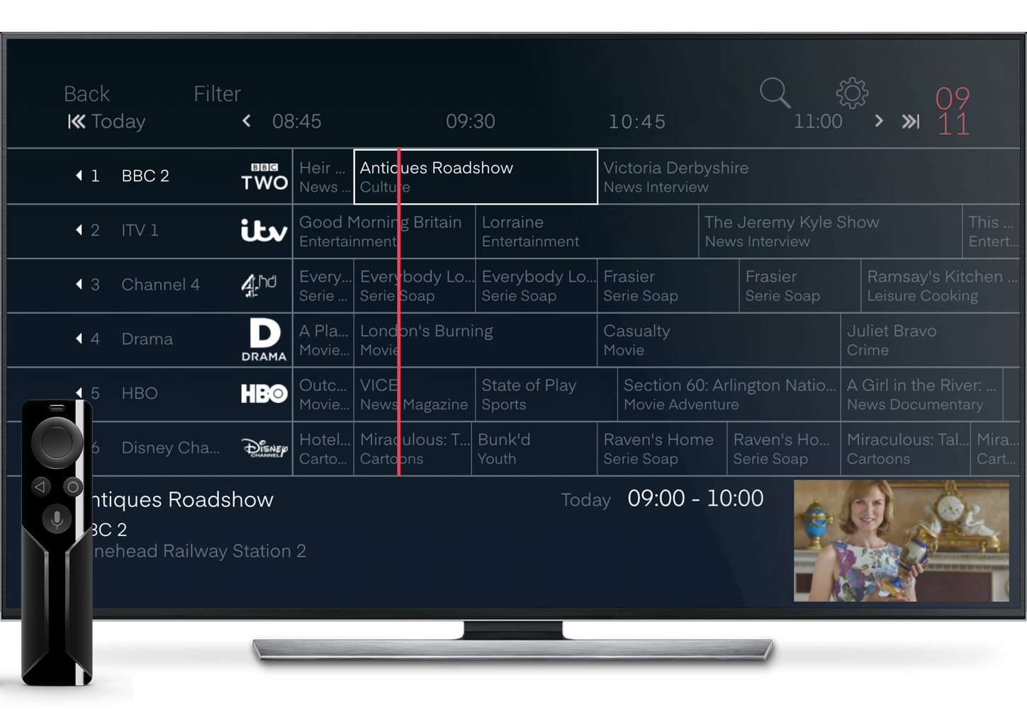 TV EPG: traditional grid guide on television screen